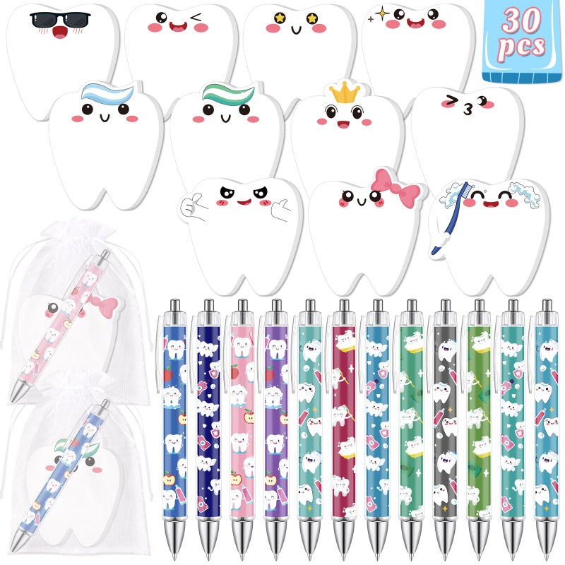 Seagoodbye 30Pcs Nurse Week Dental Assistant Appreciation Tooth-Shaped Sticky Notes and Ballpoint Pens Gifts, Dentist Post it Notepad for Employees Christmas Holiday Birthday Party Supplies - Image 1