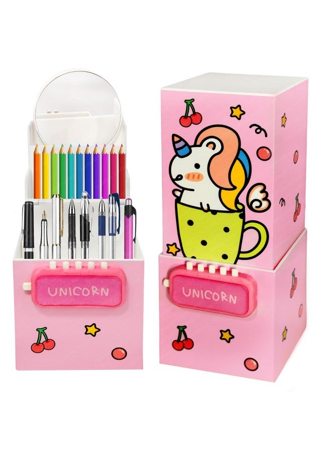 فنبلاست صندوق أقلام يونيكورن من فن بلاست للبنات - حافظة أقلام 2 في 1 وحامل أقلام طاولة، صندوق أقلام متعدد الطبقات مع قفل رمزي للفتيات في المدرسة، حافظة منظم أدوات مكتبية للأطفال (طباعة عشوائية) - Image 1