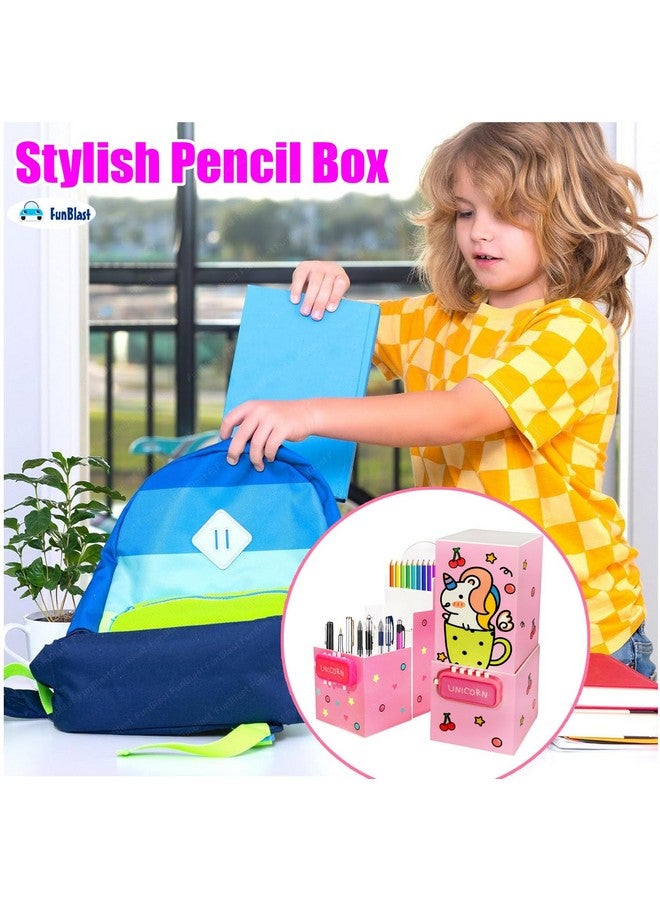 فنبلاست صندوق أقلام يونيكورن من فن بلاست للبنات - حافظة أقلام 2 في 1 وحامل أقلام طاولة، صندوق أقلام متعدد الطبقات مع قفل رمزي للفتيات في المدرسة، حافظة منظم أدوات مكتبية للأطفال (طباعة عشوائية) - Image 3