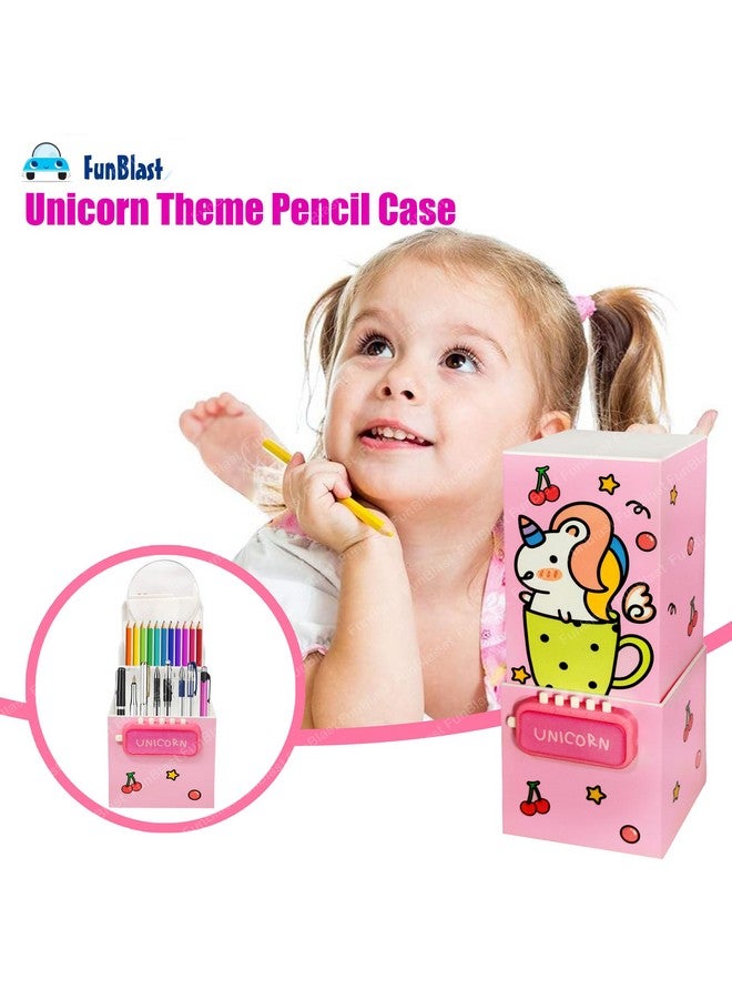 فنبلاست صندوق أقلام يونيكورن من فن بلاست للبنات - حافظة أقلام 2 في 1 وحامل أقلام طاولة، صندوق أقلام متعدد الطبقات مع قفل رمزي للفتيات في المدرسة، حافظة منظم أدوات مكتبية للأطفال (طباعة عشوائية) - Image 5