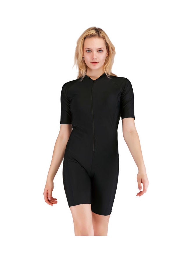 Solid Conservative Zipper Closure One Piece Swimsuit Black - Image 4