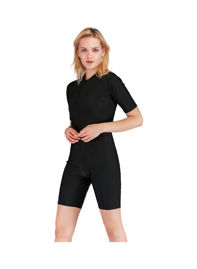 Solid Conservative Zipper Closure One Piece Swimsuit Black - Image 2