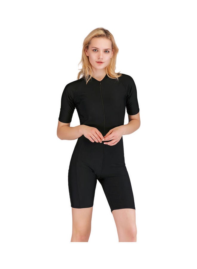 Solid Conservative Zipper Closure One Piece Swimsuit Black - Image 1