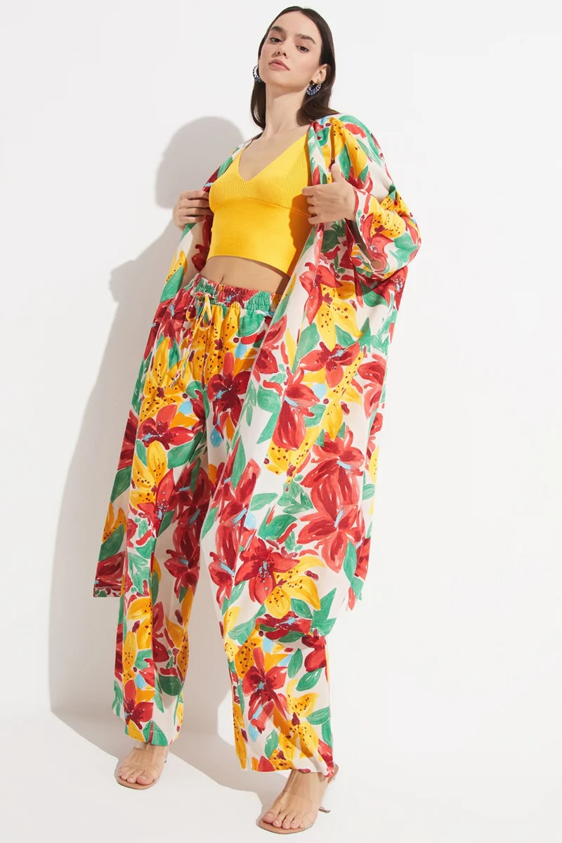 جون Women's Exclusive Floral Patterned Linen Blend Woven Kimono&Caftan