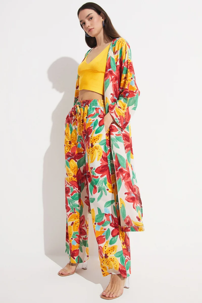 جون Women's Exclusive Floral Patterned Linen Blend Woven Kimono&Caftan
