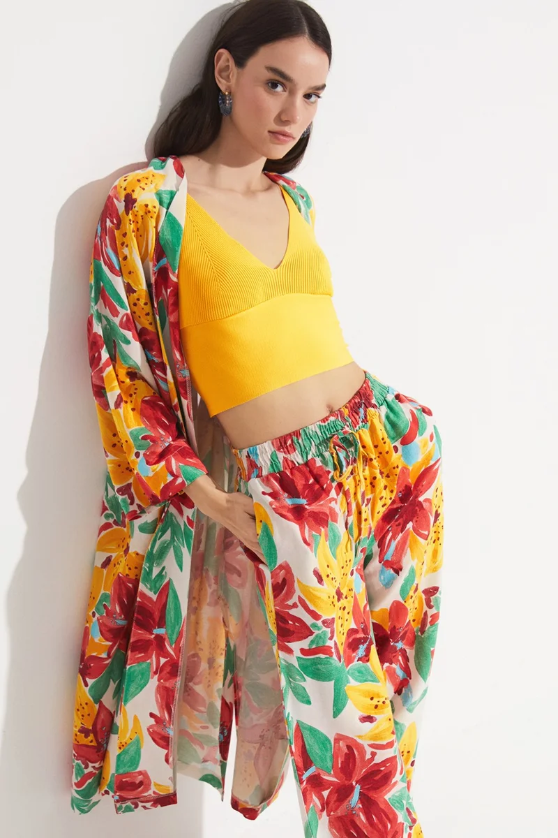 جون Women's Exclusive Floral Patterned Linen Blend Woven Kimono&Caftan