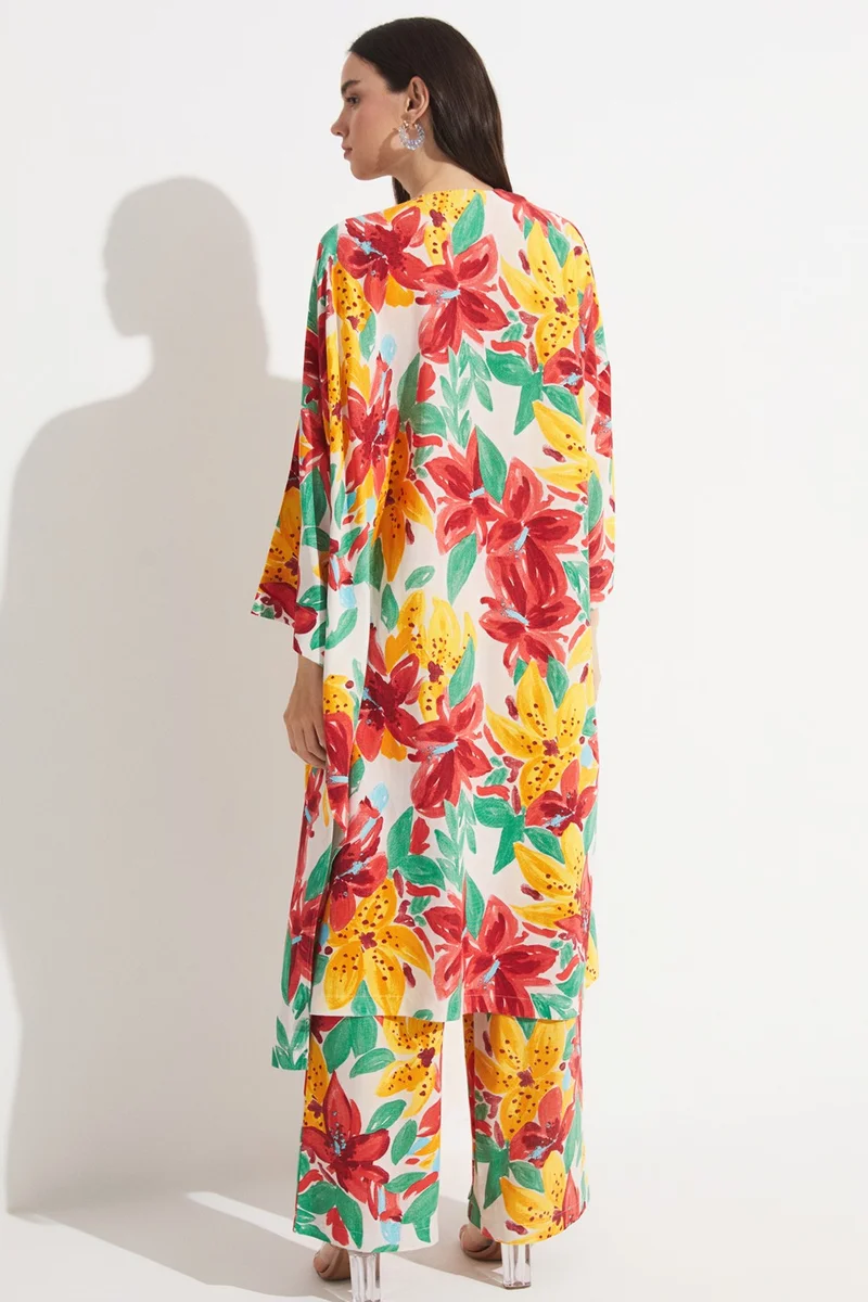 جون Women's Exclusive Floral Patterned Linen Blend Woven Kimono&Caftan
