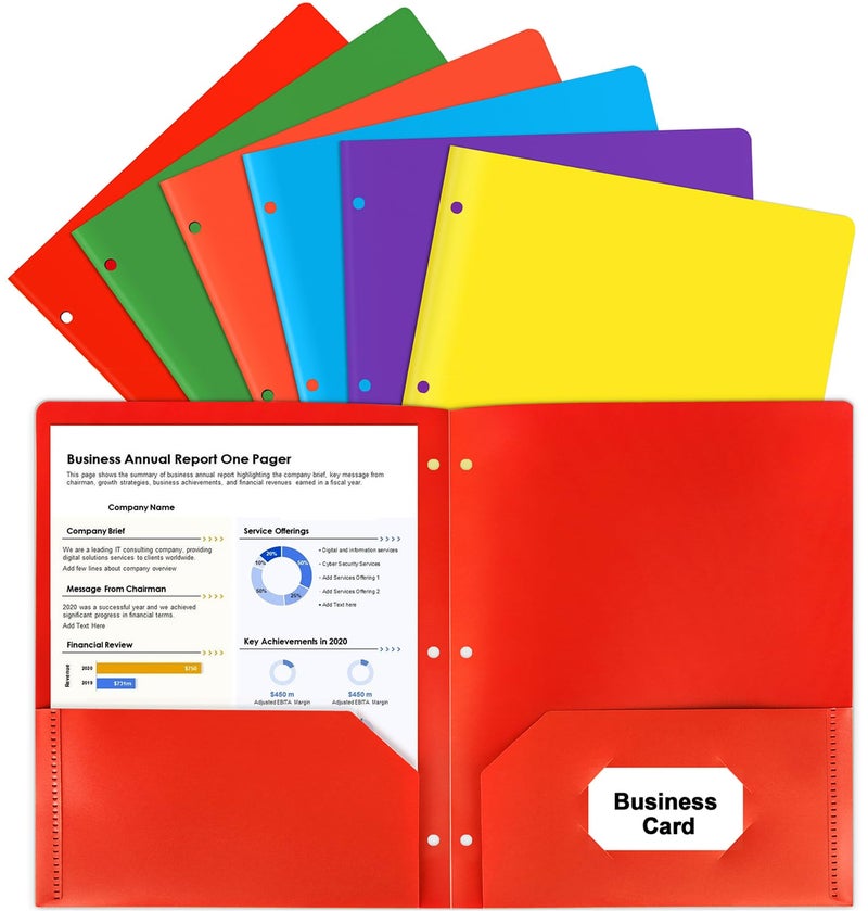HABGP Colored File Folders with Pockets 3 Hole Punched, Plastic Folders with Prongs and Business Card Holder, Office Binder Folders for Documents, Filing Cabinet, Report, Presentation - Image 1