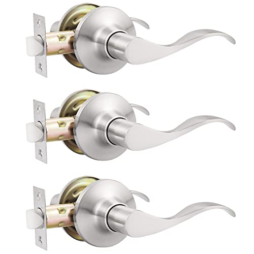 GOBEKOR 3 Pack Passage Door Levers Hallway Closet Door Handles Brushed Nickel Interior Door Handle with Lock Keyless Wave Door Handle Lever - Image 1