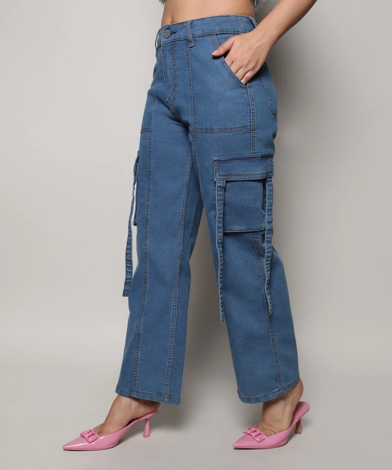 Campus Sutra Women's Prussian Blue Straight Fit Cargo Denim Jeans