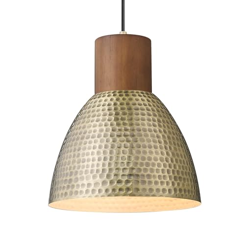 ELYONA 2 Pack Hammered Pendant Light Fixtures, 10.2" Vintage Metal Solid Wood Hanging Bar Lamp, Mid Century Antique Gold Pendant Lights for Kitchen Island, Farmhouse, Dining Room, Brushed Brass - Image 1