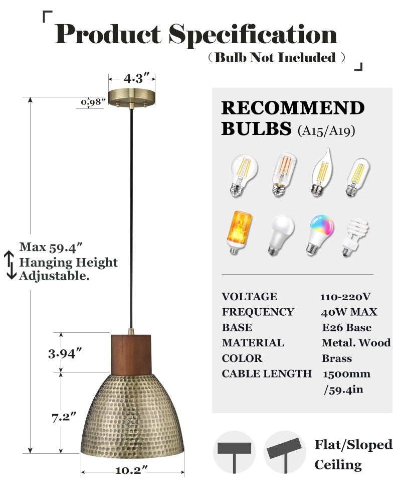 ELYONA 2 Pack Hammered Pendant Light Fixtures, 10.2" Vintage Metal Solid Wood Hanging Bar Lamp, Mid Century Antique Gold Pendant Lights for Kitchen Island, Farmhouse, Dining Room, Brushed Brass - Image 4