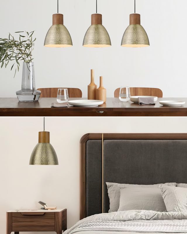 ELYONA 2 Pack Hammered Pendant Light Fixtures, 10.2" Vintage Metal Solid Wood Hanging Bar Lamp, Mid Century Antique Gold Pendant Lights for Kitchen Island, Farmhouse, Dining Room, Brushed Brass - Image 5