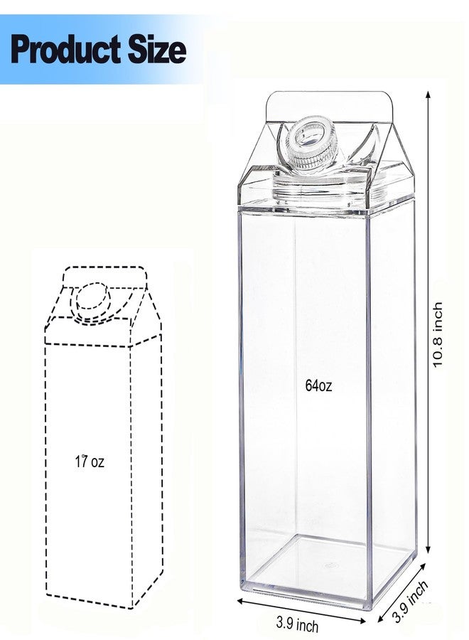 Bekith 2 Pack 64 Oz Large Milk Carton Water Bottle, Clear Plastic Milk Bottle with Cleaning Brush, Portable Leakproof Square Juice Bottle Reusable Milk Container for Outdoor Sports Travel Camping - Image 2
