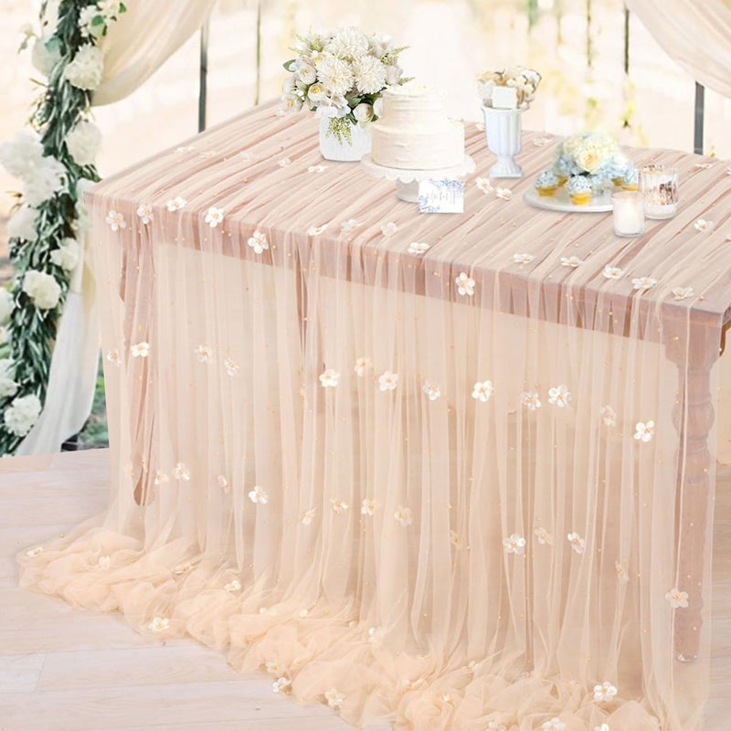 LuoluoHouse Tulle Tablecloth Wedding Table Decor: 10ft Flower Pearl Table Runner Champagne Tulle Fabric Lace Tablecloth for Dessert Table Romantic Wedding Table Decor 60x120 Inch - Image 1