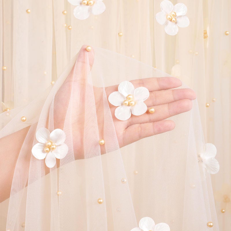 LuoluoHouse Tulle Tablecloth Wedding Table Decor: 10ft Flower Pearl Table Runner Champagne Tulle Fabric Lace Tablecloth for Dessert Table Romantic Wedding Table Decor 60x120 Inch - Image 3
