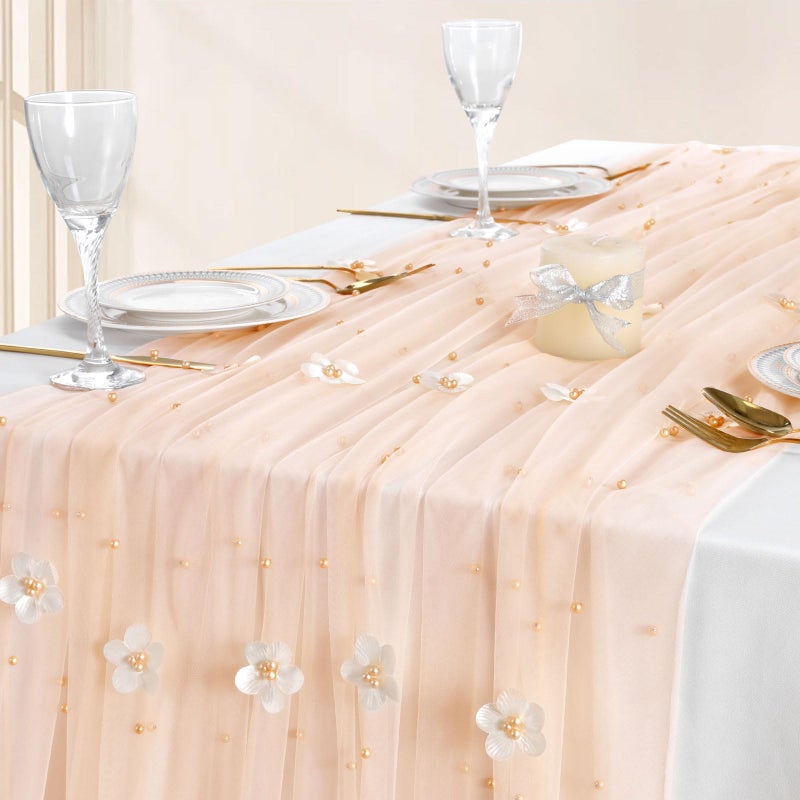 LuoluoHouse Tulle Tablecloth Wedding Table Decor: 10ft Flower Pearl Table Runner Champagne Tulle Fabric Lace Tablecloth for Dessert Table Romantic Wedding Table Decor 60x120 Inch - Image 5