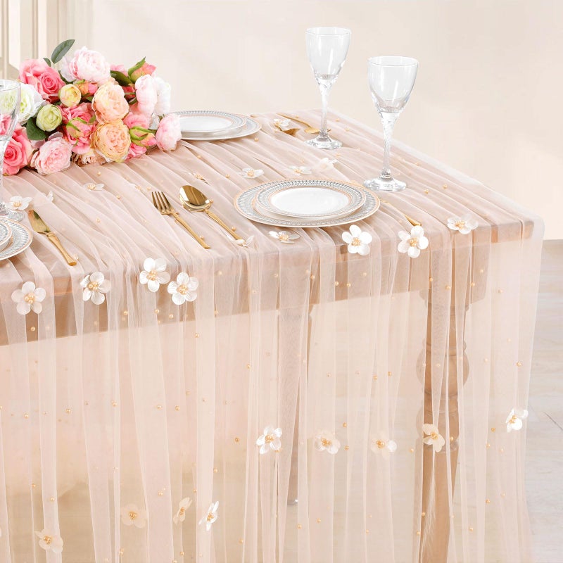 LuoluoHouse Tulle Tablecloth Wedding Table Decor: 10ft Flower Pearl Table Runner Champagne Tulle Fabric Lace Tablecloth for Dessert Table Romantic Wedding Table Decor 60x120 Inch - Image 4
