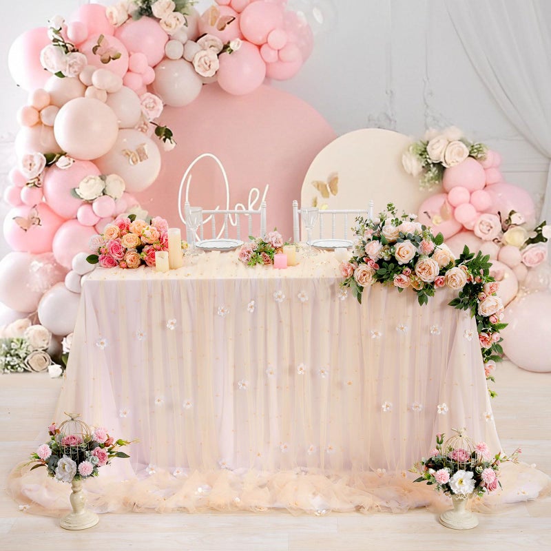 LuoluoHouse Tulle Tablecloth Wedding Table Decor: 10ft Flower Pearl Table Runner Champagne Tulle Fabric Lace Tablecloth for Dessert Table Romantic Wedding Table Decor 60x120 Inch - Image 2