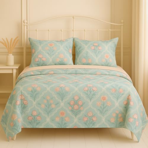 PRISCILLA 400 TC Super Soft Premium Cotton Super King Size Bedsheet for Double Bed with 2 Pillow Covers 108x108 Inches | Breathable Flat Sheet Wrinkle-Resistant, Durable Fabric – Blue Floral Print - Image 2