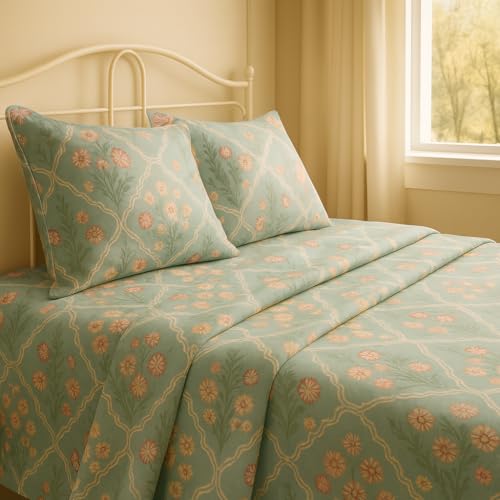 PRISCILLA 400 TC Super Soft Premium Cotton Super King Size Bedsheet for Double Bed with 2 Pillow Covers 108x108 Inches | Breathable Flat Sheet Wrinkle-Resistant, Durable Fabric – Blue Floral Print - Image 3