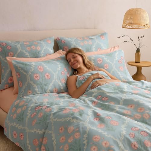 PRISCILLA 400 TC Super Soft Premium Cotton Super King Size Bedsheet for Double Bed with 2 Pillow Covers 108x108 Inches | Breathable Flat Sheet Wrinkle-Resistant, Durable Fabric – Blue Floral Print - Image 1