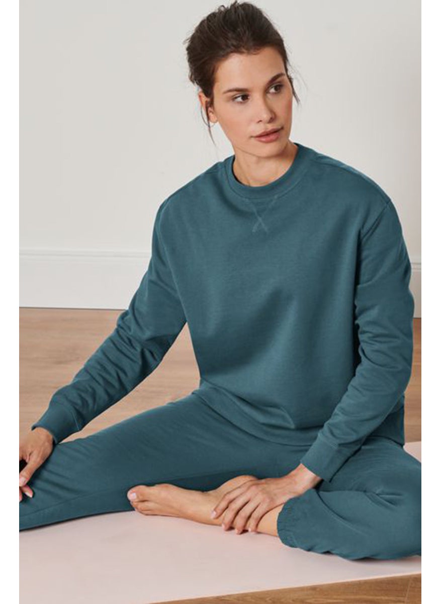 Tchibo Women Ribbed Collar Long Sleeve Plain Sweatshirts, Teal Blue  - Image 1