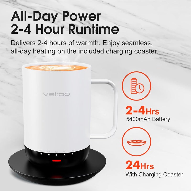 vsitoo S3 Pro 16oz Self Heating Coffee Mug with AI Auto-Sensing, Smart Rechargeable Heated Mug Warmer 120-150℉, IPX7 Waterproof Temperature Control, Gift for Men Women - White - Image 3