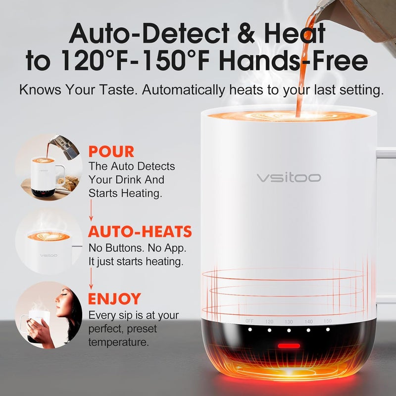 vsitoo S3 Pro 16oz Self Heating Coffee Mug with AI Auto-Sensing, Smart Rechargeable Heated Mug Warmer 120-150℉, IPX7 Waterproof Temperature Control, Gift for Men Women - White - Image 2