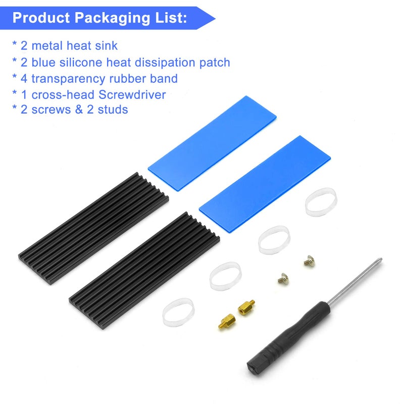 Scartink 2pcs M.2 SSD Heatsink 2280 SSD NVMe Heat Sink with NVMe SSD Thermal Pad,Screwdriver,Screw,4 Transparent Rubber Straps for PC/PS5 M.2 PCIE NVMe SSD or M.2 SATA SSD - Image 4