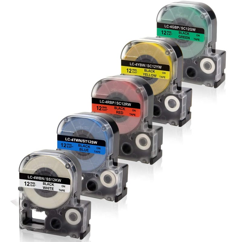 Absonic Compatible Label Tape Replacement for LK-4WBN LK-4LBP LK-4RBP LK-4YBW LK-4GBP Work for Epson LabelWorks LW-300 LW-400 LW-500 LW-600P LW-700 LW-K200PX Label Maker, 1/2" x 26', 12mm x 8m, 5-Pack - Image 1