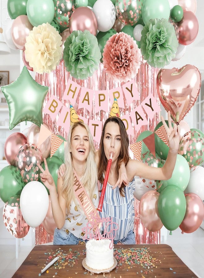 Togvu Rose Gold and Sage Green Birthday Decorations, Retro Avocado Green Party Décor with Foil & Latex Balloons Sash Fringe Curtains Happy Birthday Banner Cake Topper Paper Pompoms Decor for Women Girl - Image 3