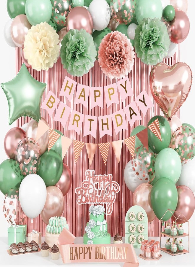 Togvu Rose Gold and Sage Green Birthday Decorations, Retro Avocado Green Party Décor with Foil & Latex Balloons Sash Fringe Curtains Happy Birthday Banner Cake Topper Paper Pompoms Decor for Women Girl - Image 1
