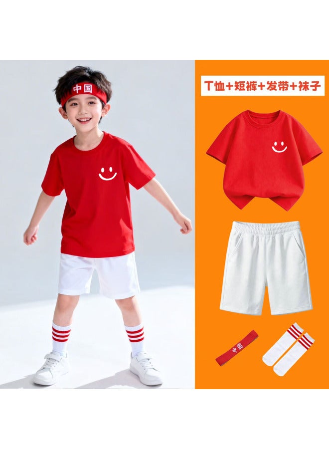 Strength Merchant Children's Set I Love China Theme Red Short-sleeve T-shirt Four-piece Set White Shorts Activity Wear