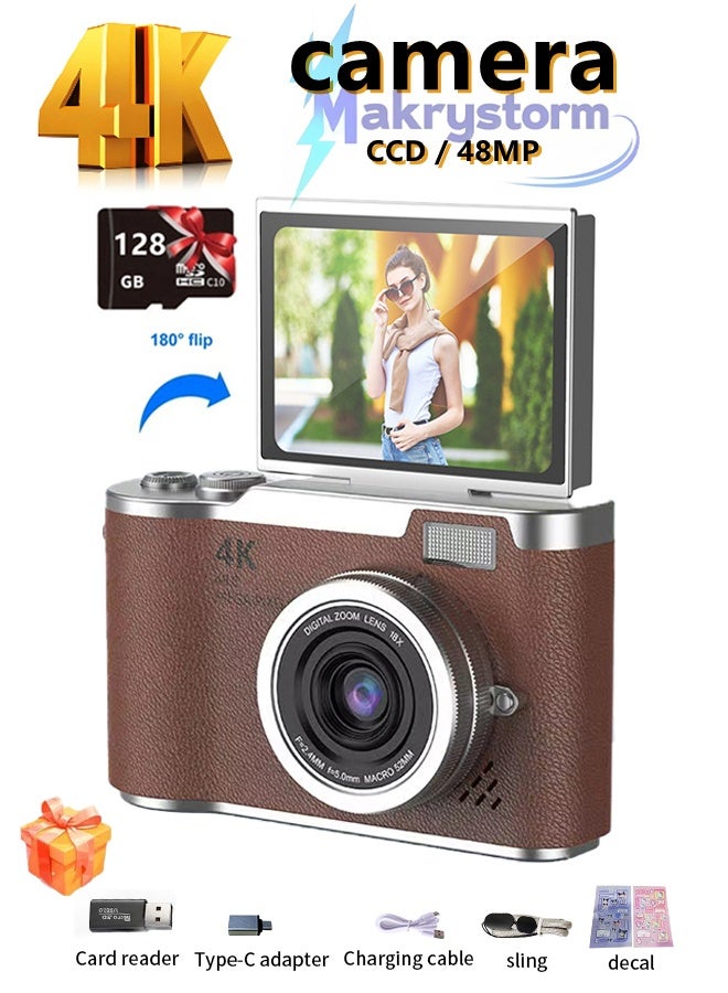 4k CCD Digital Zoom Student Digital Camera 48MP Portable Digital Photography Camera 180° Flip Screen Selfie Camera,with 128GB SD card