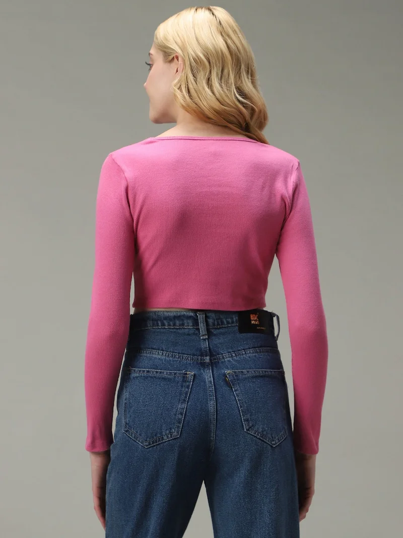 OUTZIDR Pink Asymmetric Hem Scoop Neck Knit Top