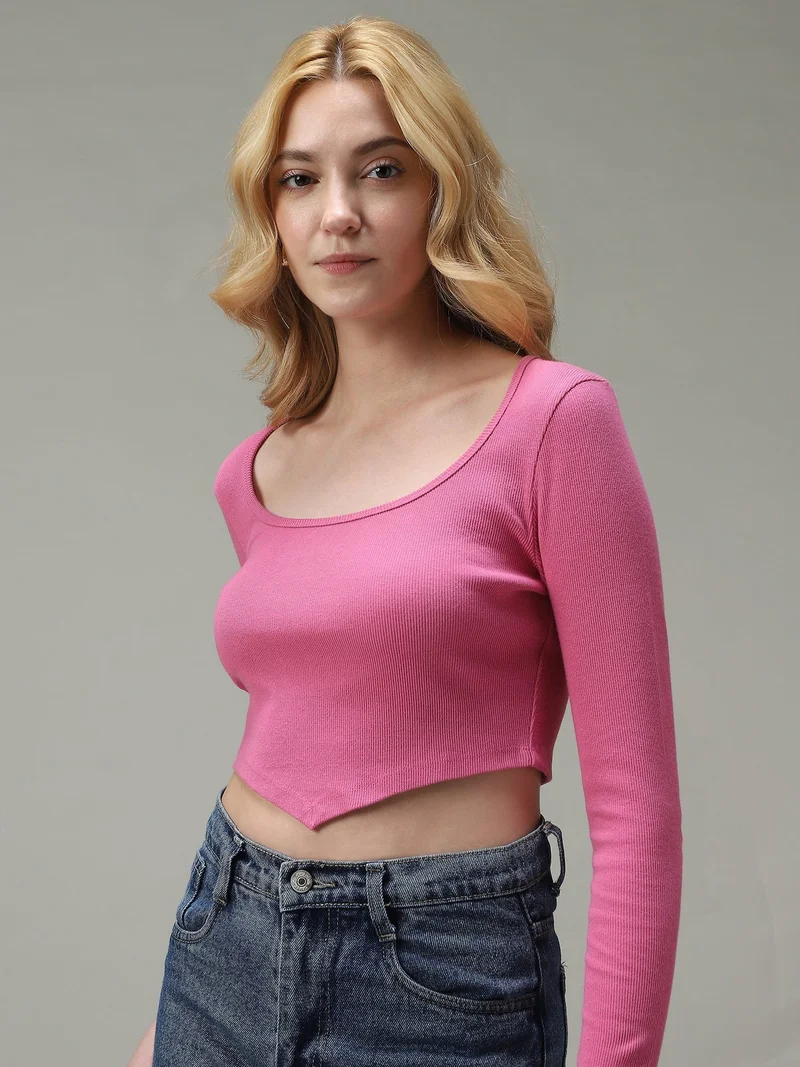 OUTZIDR Pink Asymmetric Hem Scoop Neck Knit Top