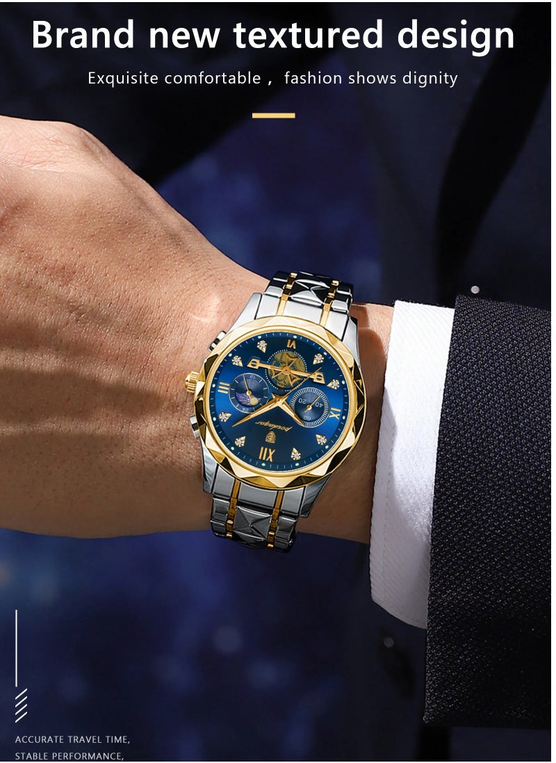 POEDAGAR Luxury Men Wristwatch, Classic And Fashionable Quartz Watch, Waterproof Luminous Chronograph Watch, Business Style Stainless Steel Wrist Watch For Men, (Silver Blue)  - Image 3