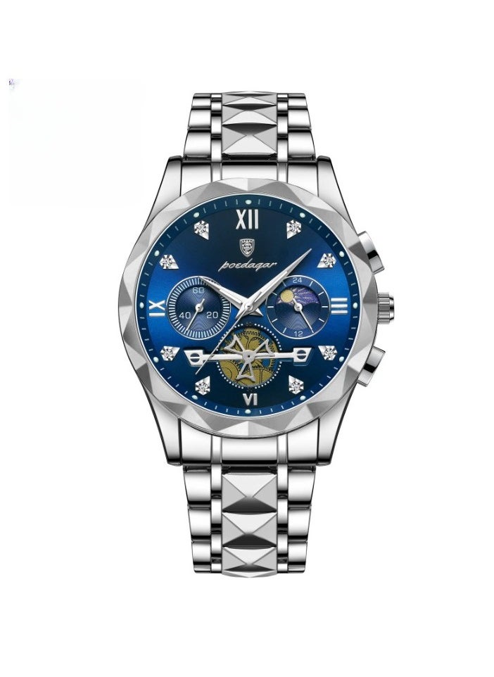POEDAGAR Luxury Men Wristwatch, Classic And Fashionable Quartz Watch, Waterproof Luminous Chronograph Watch, Business Style Stainless Steel Wrist Watch For Men, (Silver Blue)  - Image 1