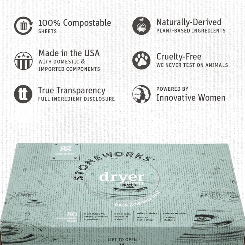 Grab Green Stoneworks Cruelty-Free Dryer Sheets | Softens Fabrics, Freshens Clothing & Reduces Static-Cling and Wrinkles | Plant Based | Fragrance Free (160 Sheets) - Image 2