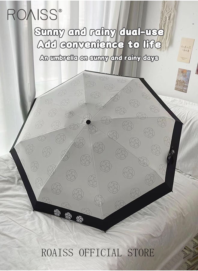 Camelia Pattern Fully Automatic Umbrella for Women 8 Rib Lightweight Dual Purpose Umbrella Ladies Compact Portable 3 Fold Umbrella Effectively Blocks Sunlight UPF50+