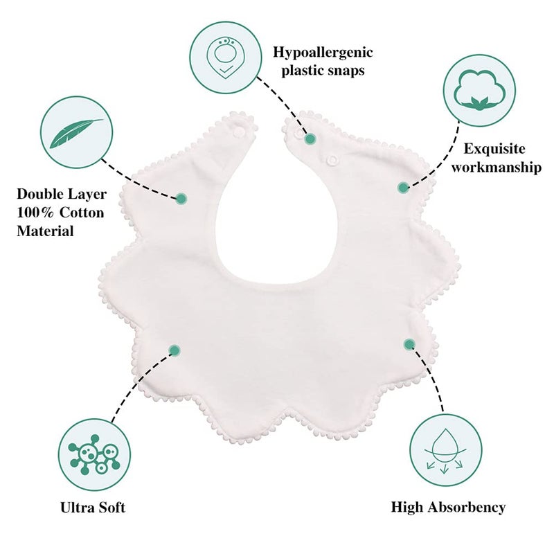 JANGANNSA 3 PCS White Flower Baby Bibs Infant Burp Clothes for Baby Girls Saliva Towel Cotton Infant Toddler Girls Bibs (3PCS-White) - Image 3