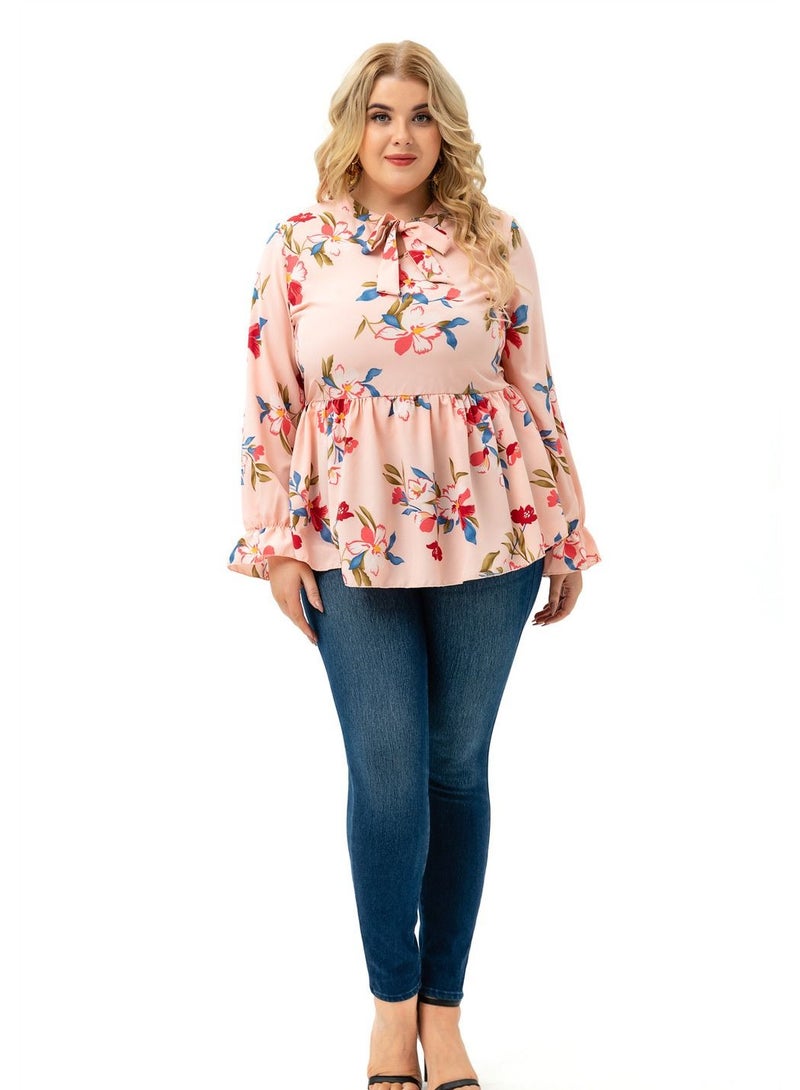 Loquat Autumn New Plus-size Women's Long-sleeved Printed Top Pink  - Image 1