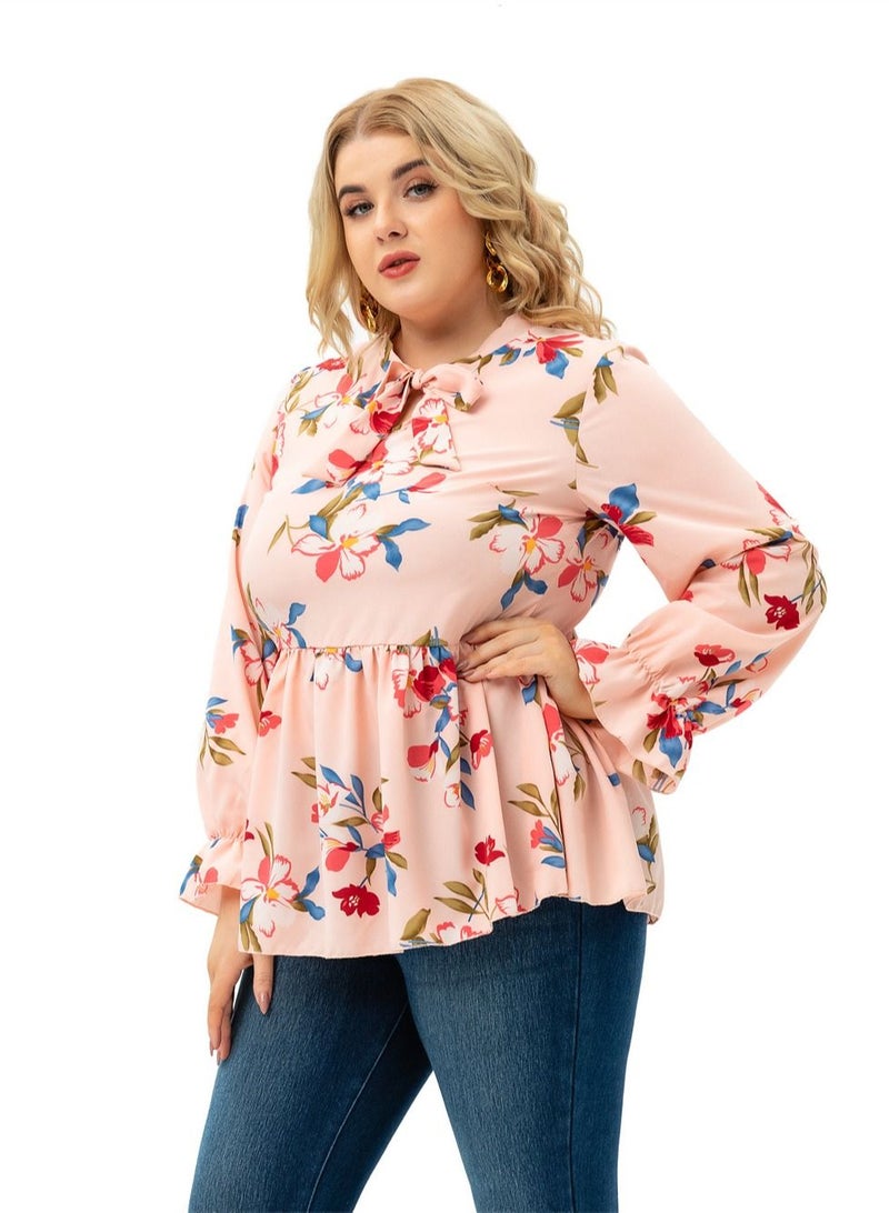 Loquat Autumn New Plus-size Women's Long-sleeved Printed Top Pink  - Image 2