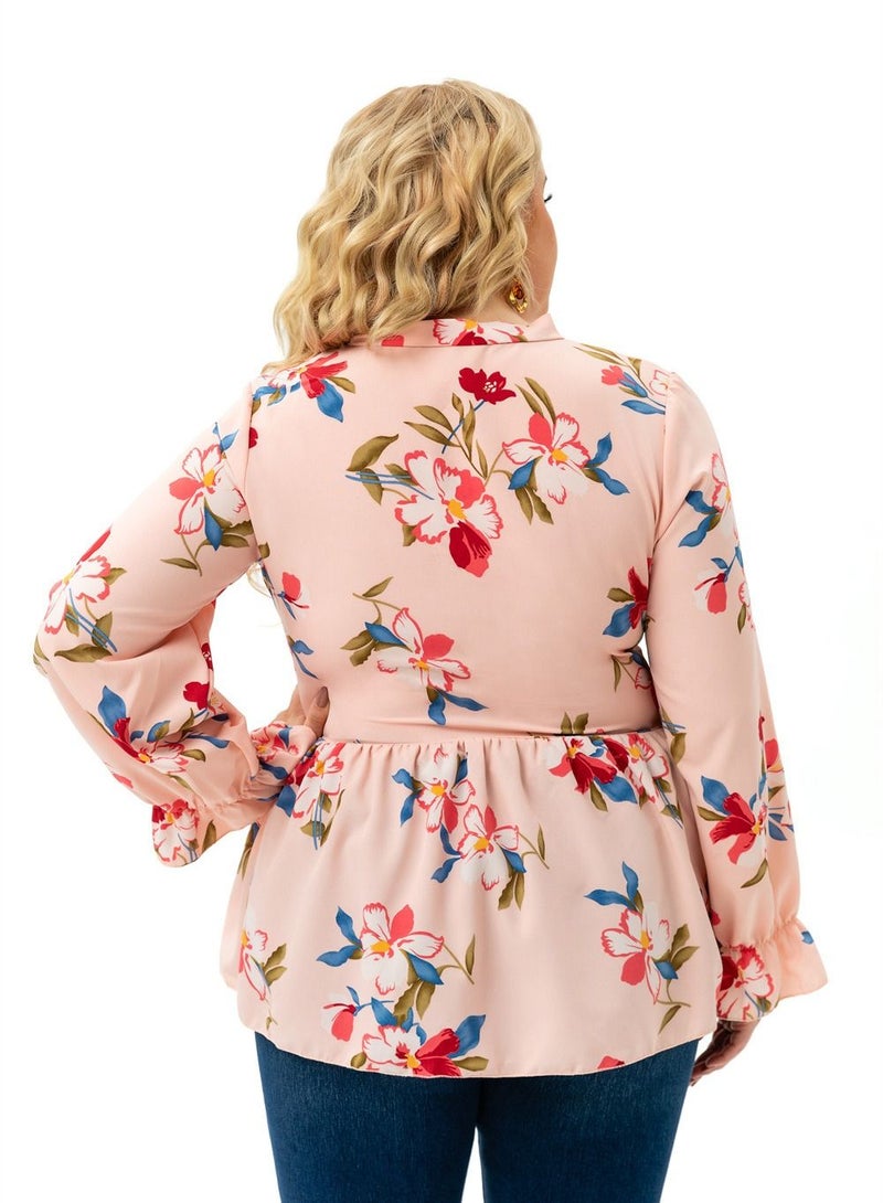 Loquat Autumn New Plus-size Women's Long-sleeved Printed Top Pink  - Image 3