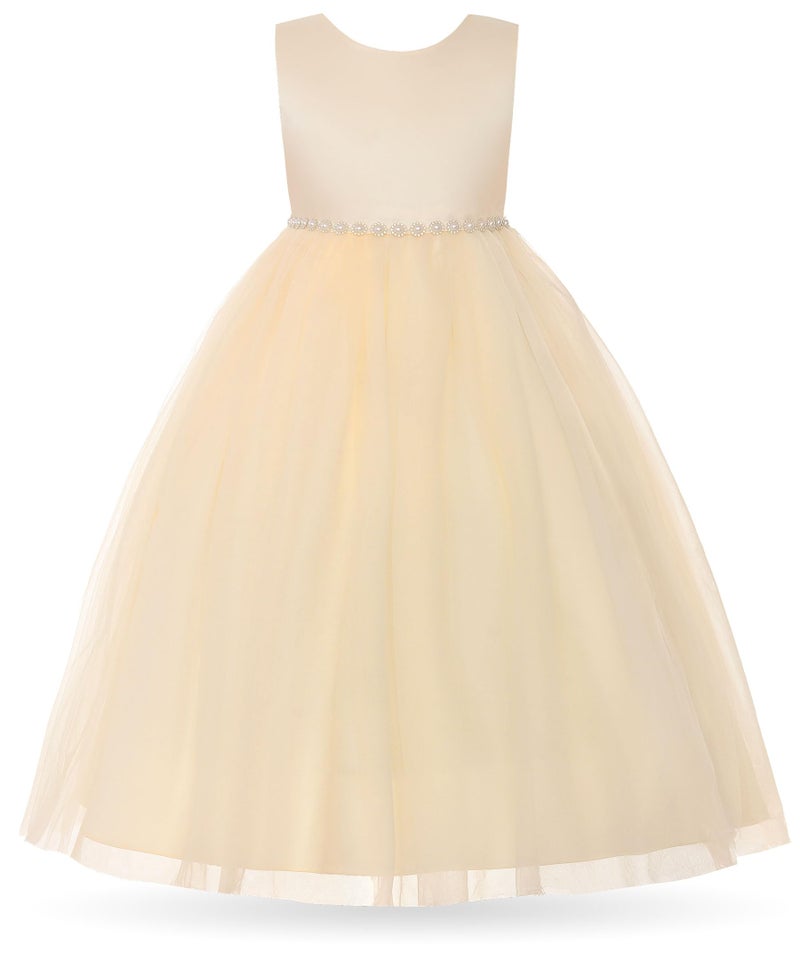 Uhnice Flower Girl Pearl Dress Tulle Ball Gown Bow Prom with Heart Cutout for Wedding Birthday Party (Champagne, 130/6-7 Years) - Image 2