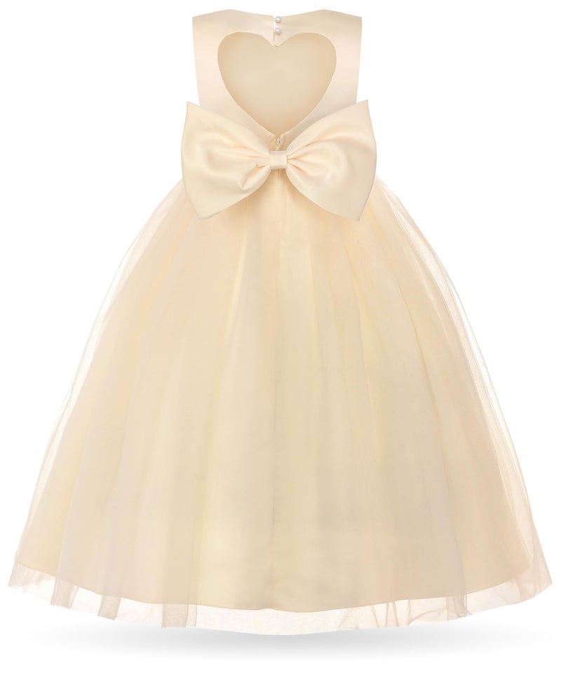 Uhnice Flower Girl Pearl Dress Tulle Ball Gown Bow Prom with Heart Cutout for Wedding Birthday Party (Champagne, 130/6-7 Years) - Image 1