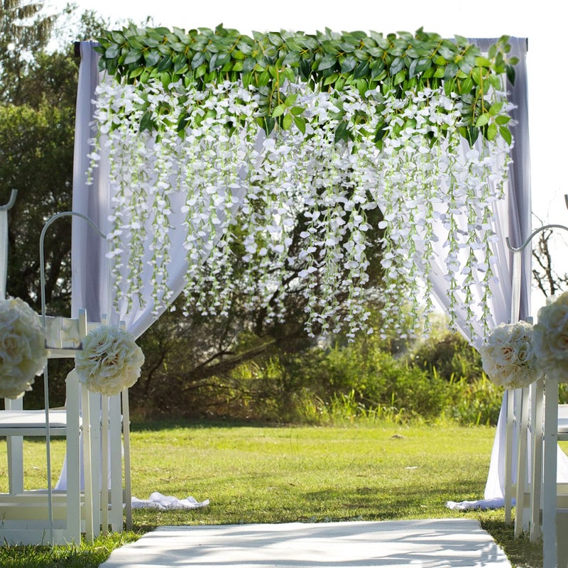 DearHouse Artificial Fake Wisteria Vine Ratta Hanging Garland Silk Flowers String Home Party Wedding Decor (White, 12 Pack - Per Piece 3.6 Feet ) - Image 3
