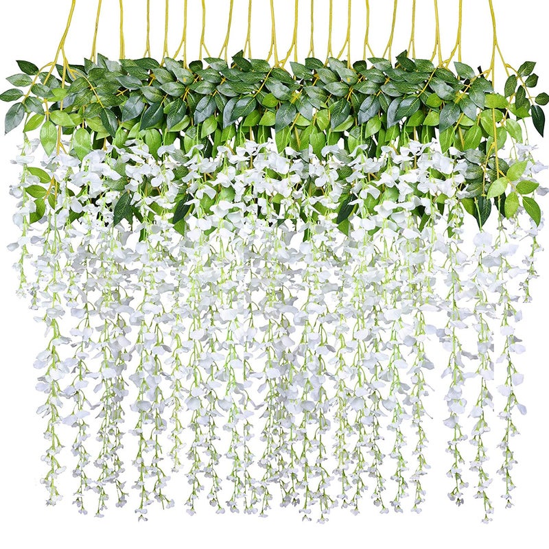 DearHouse Artificial Fake Wisteria Vine Ratta Hanging Garland Silk Flowers String Home Party Wedding Decor (White, 12 Pack - Per Piece 3.6 Feet ) - Image 1
