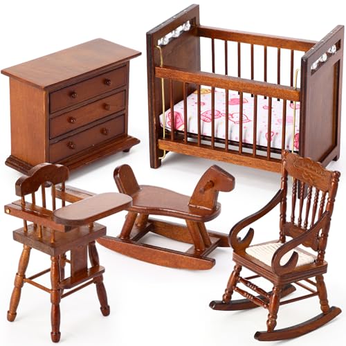 Silipull 5 Pcs 1 12 Scale Wooden Dollhouse Furniture Set Miniature Wood Bedroom Furniture Wooden Dollhouse Accessories Encourage Creative and Imaginative Play for Kid Miniature Bathroom Wood Color - Image 1